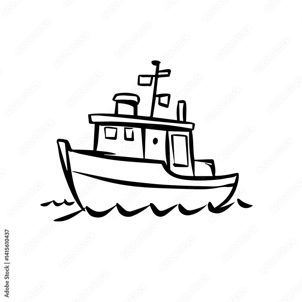 Drawing of a boat sailing on waves in black and white Drawing of a boat sailing on waves in black and white