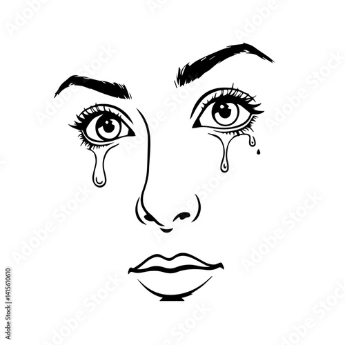 Emotional Woman with Tears on Face in Minimalist Black and White  