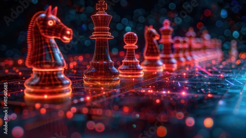 9.strategy planning concept, chess pieces glowing on a digital board, futuristic planning metaphor 