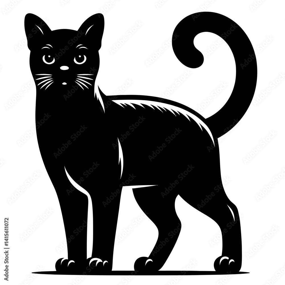 Singapura Silhouette: A sleek, black cat, captured in a detailed illustration, stands gracefully, its posture exuding poise and elegance. The image is ideal for various design projects. Singapura Silhouette: A sleek, black cat, captured in a detailed illustration, stands gracefully, its posture exuding poise and elegance. The image is ideal for various design projects.