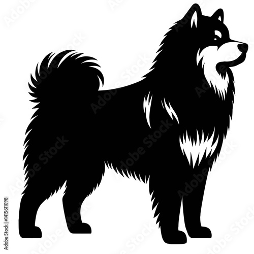 Silhouette of a Alaskan Malamute Companion: A striking black and white silhouette of a fluffy dog stands proudly, showcasing its elegant posture and charming appeal.