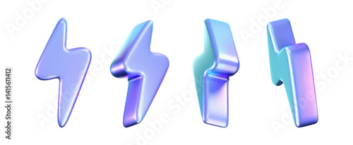 3D holographic lightning icons with a neon and chrome effect isolated on white background. Render of electric thunderbolt with a rainbow gradient. Energy, power and speed icon. 3D vector illustration