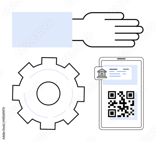 Hand gesture with gear for system setup, mobile phone displaying QR code, and a bank card interface. Ideal for fintech, payment, automation, online banking, technology, commerce simple landing page