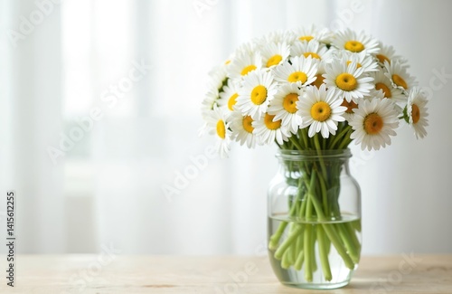 Wallpaper Mural Fresh bouquet daisies in glass jar on wooden table near window. Bunch of flowers, white petals yellow center. Home decor. Floral arrangement, springtime, gift concept, mothers day, wedding decor. Torontodigital.ca