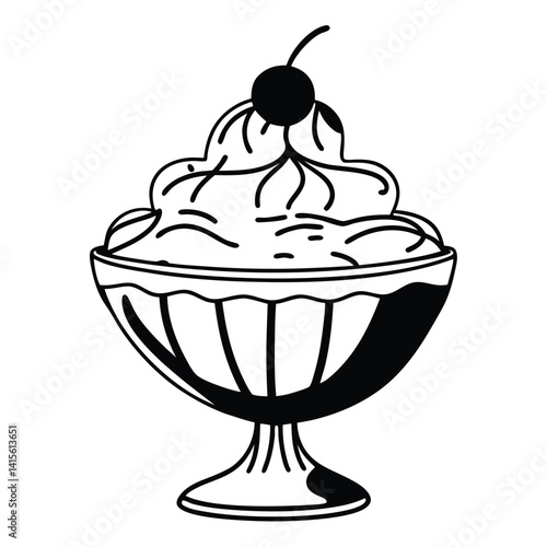 Black outline vector of an ice cream sundae in a glass, highlighting a classic dessert design