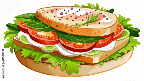 Wholegrain sandwich with salmon and cream cheese on white background