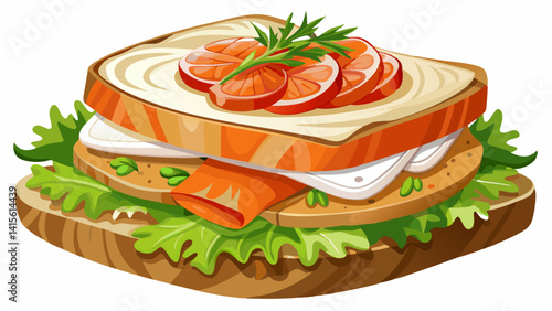 Wholegrain sandwich with salmon and cream cheese on white background