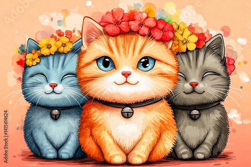 Colorful kittens with flower crowns and collars sitting together in a whimsical setting