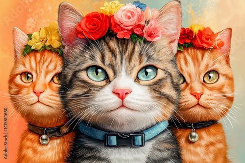 Colorful kittens with flower crowns and collars sitting together in a whimsical setting