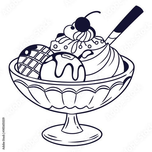 Hand drawn line art of an ice cream sundae in a glass cup, highlighting sweet vintage charm