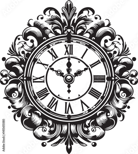 Vintage clock with Roman numerals. Antique time design. Old wall clock face design