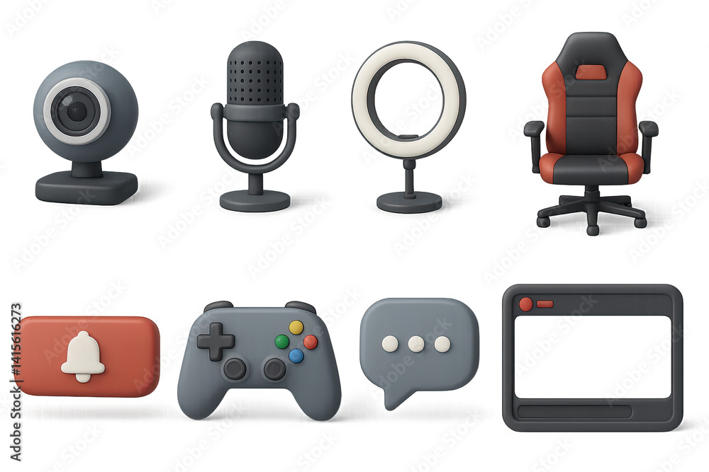 3D icon set of online streaming: webcam, microphone, ring light, gaming chair, subscriber button, joystick, live chat, streaming overlay. 3d icon. Generated icons set of 3d style in a modern design. 3D icon set of online streaming: webcam, microphone, ring light, gaming chair, subscriber button, joystick, live chat, streaming overlay. 3d icon. Generated icons set of 3d style in a modern design.