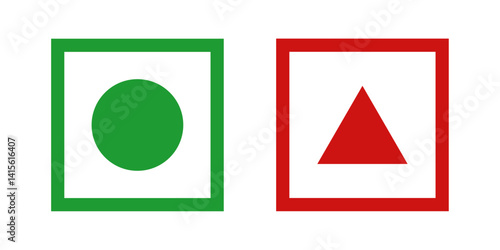 VEG and NON-VEG Icons, Green Circle and Red Triangle, Food Category Indicators in Square Frames, Minimalist Design Isolated on White Background