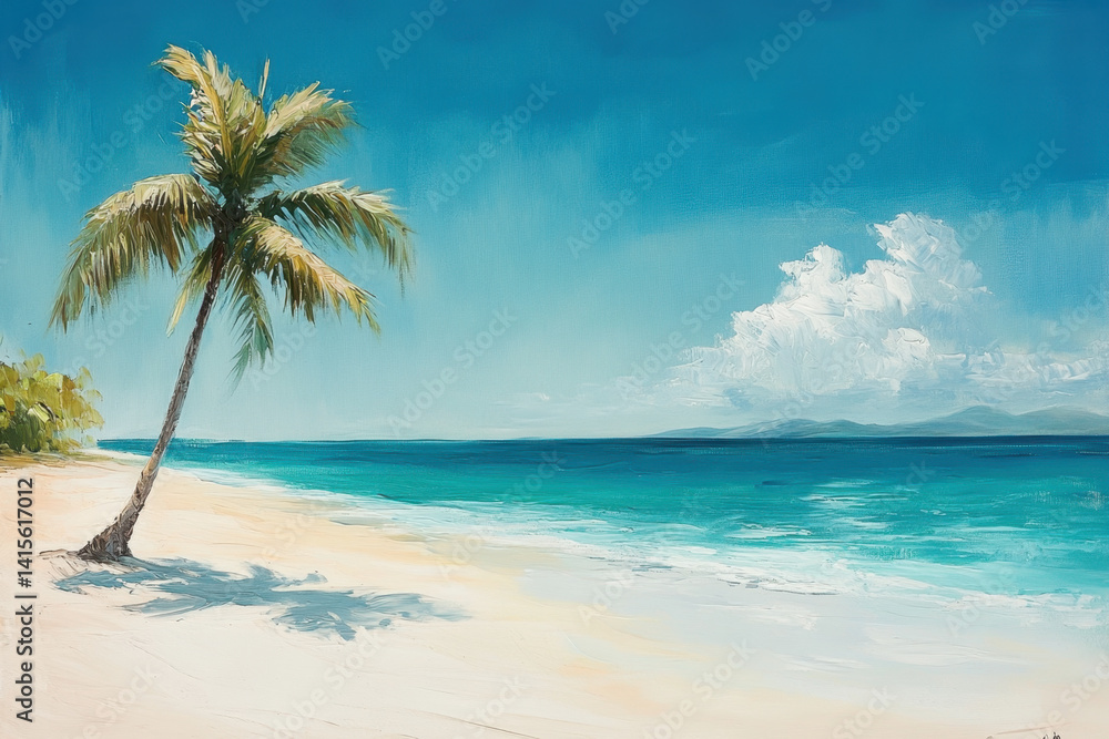 Palm tree painting on sandy beach, under blue sky with sea in background. Palm tree painting on sandy beach, under blue sky with sea in background.