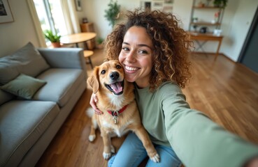 Young woman takes selfie with cute happy dog at home. Smiling girl hugs her pet. Adorable mixed breed dog with red collar, open mouth. Friendship, love, best friends, pet care, lifestyle.