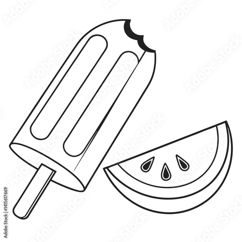 Thin black line icon of a fruit flavored popsicle with clean outlines and a summery minimal vibe