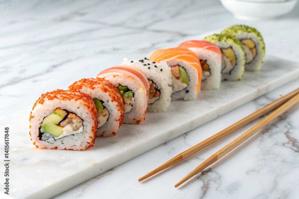 Sushi rolls aligned in a row with chopsticks, on white marble surface