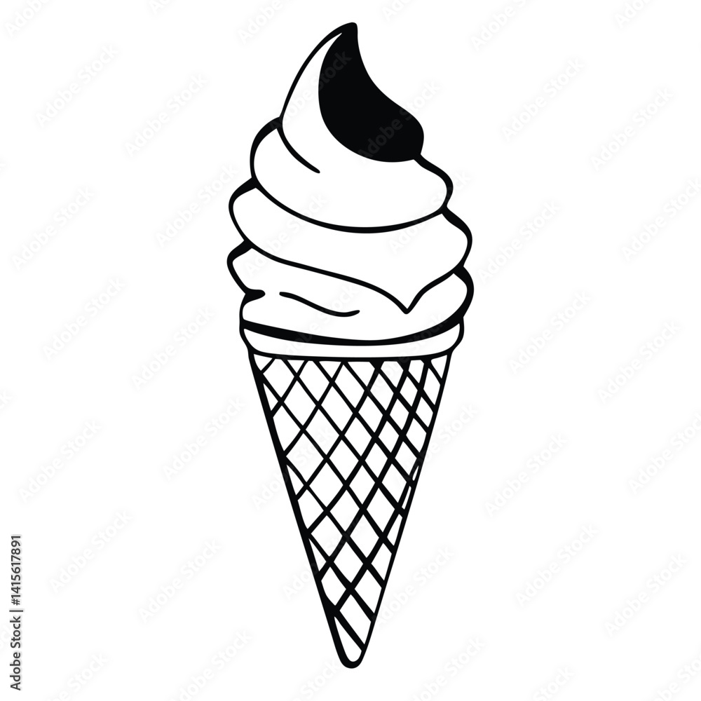 Vector line art drawing of a soft serve ice cream cone with smooth swirls and crisp detailing Vector line art drawing of a soft serve ice cream cone with smooth swirls and crisp detailing