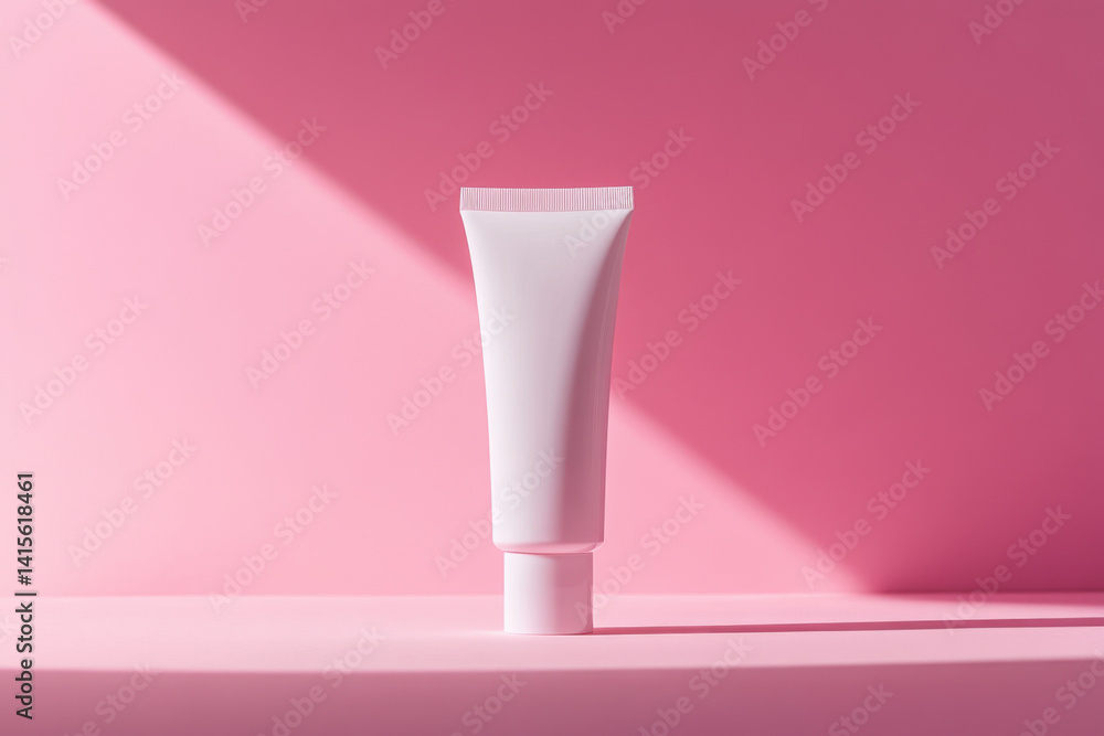 Tube of cream on pink background, branding visible, soft lighting accentuates texture and color contrast. Tube of cream on pink background, branding visible, soft lighting accentuates texture and color contrast.