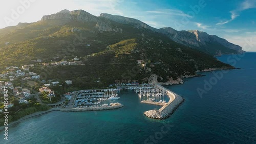 Aerial drone view of the Santa Maria Navarrese beach. Sardinia, Italy