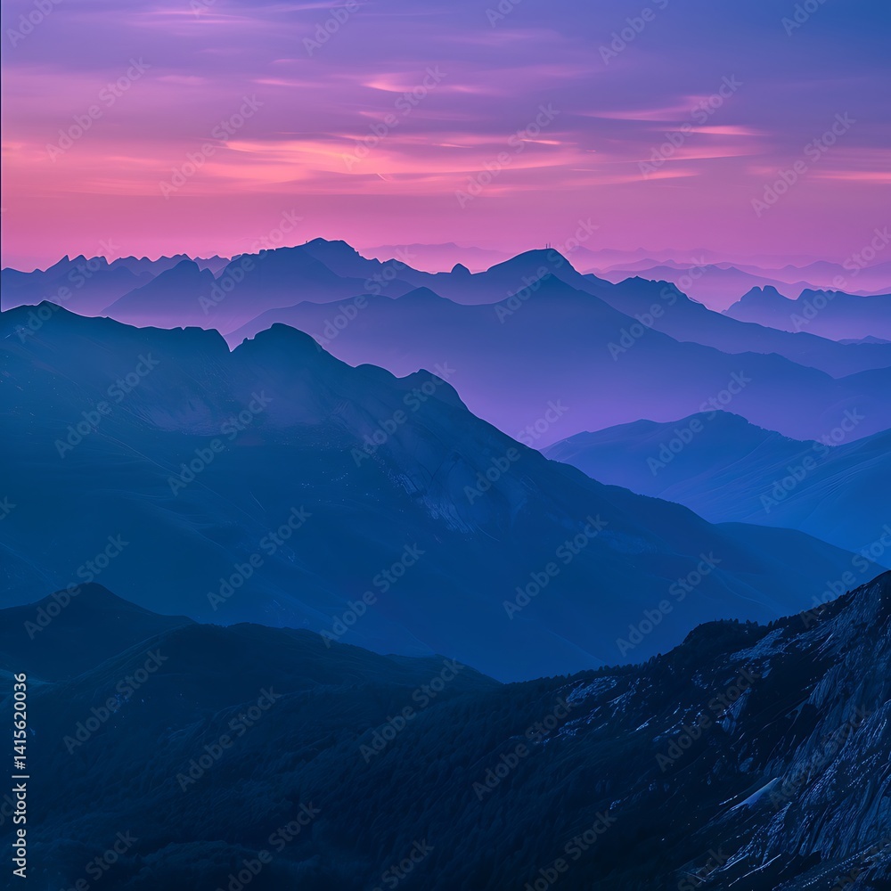 Fototapeta premium Serene mountain landscape silhouette at twilight or dawn. Layers of peaks fade into a hazy atmosphere under a beautiful purple and pink gradient sky. Peaceful vista.