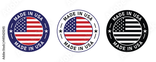 set of made in the USA labels. Made in America badge or icon symbolizing. made. Text Made in USA with flag. Stamp. Isolated on white background.