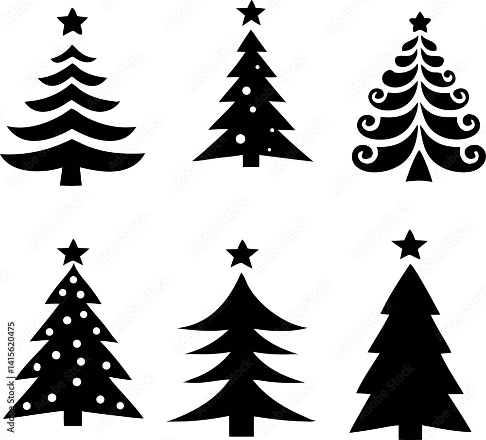 Obraz premium Christmas trees silhouette set vector art illustration.