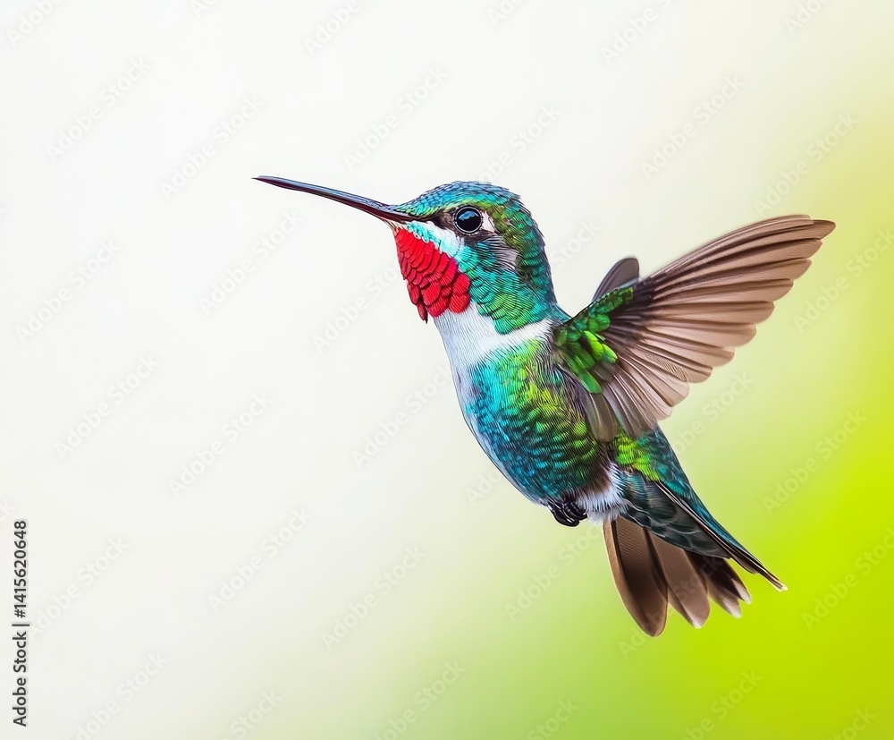 Fototapeta premium Captivating Iridescent Hummingbird in Flight with Vibrant Plumage and Soft Gradient Background - Ethereal Nature Illustration