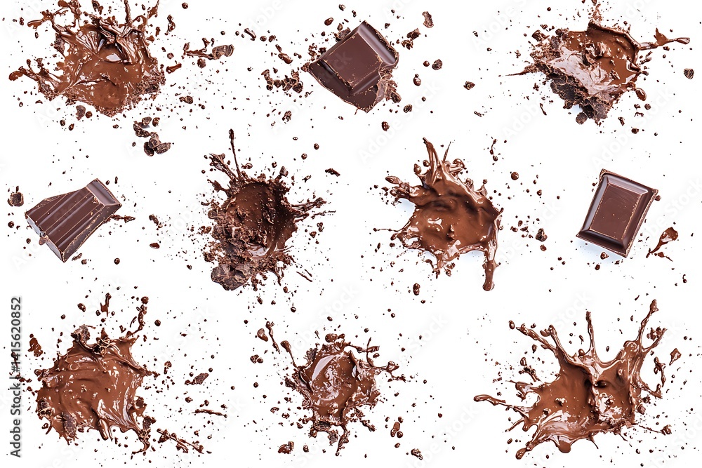Fototapeta premium Chocolate Chunks & Splashes on White Background, Delicious, Sweet Treat, Brown Drops