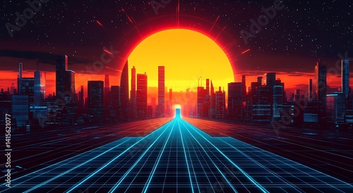Retro futuristic city road