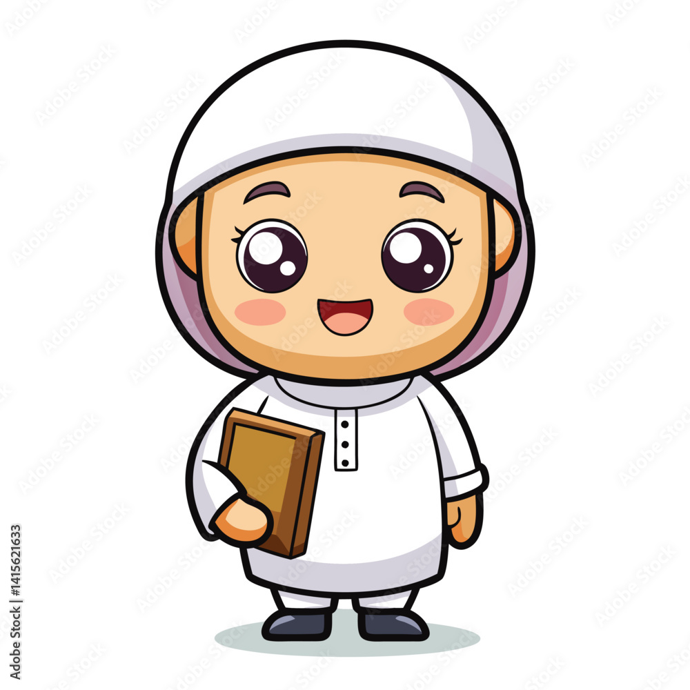 Cartoon character of a young Muslim student holding a book Cartoon character of a young Muslim student holding a book