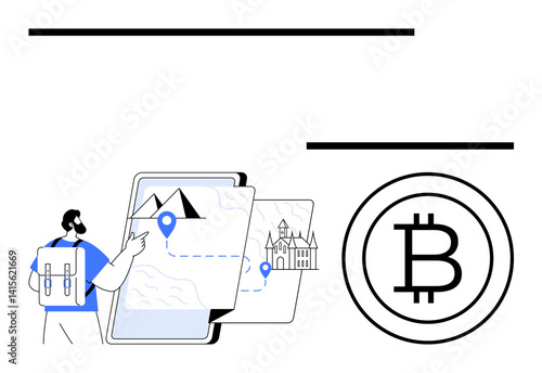Backpacker interacting with digital maps featuring mountains, paths, and landmarks alongside a Bitcoin emblem. Ideal for travel, technology, cryptocurrency, navigation, exploration, blockchain