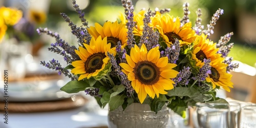 A vibrant bouquet of sunflowers and lavender. Perfect for brightening up any space. Ideal for home decor or events like weddings. A charming addition to your floral arrangements. AI