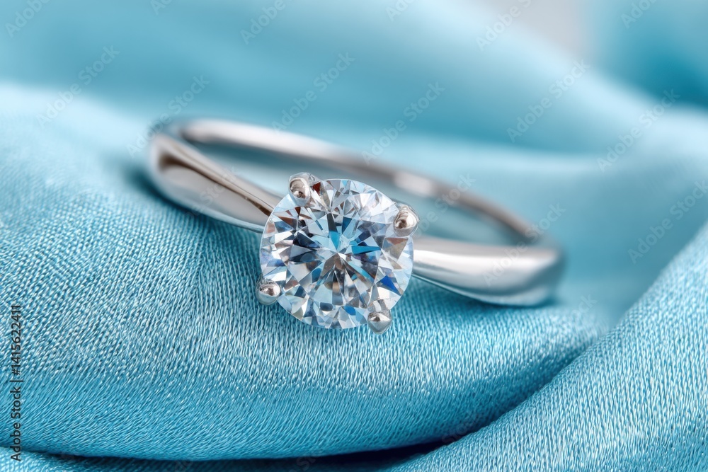 Luxurious diamond ring shining on light blue silk fabric Luxurious diamond ring shining on light blue silk fabric