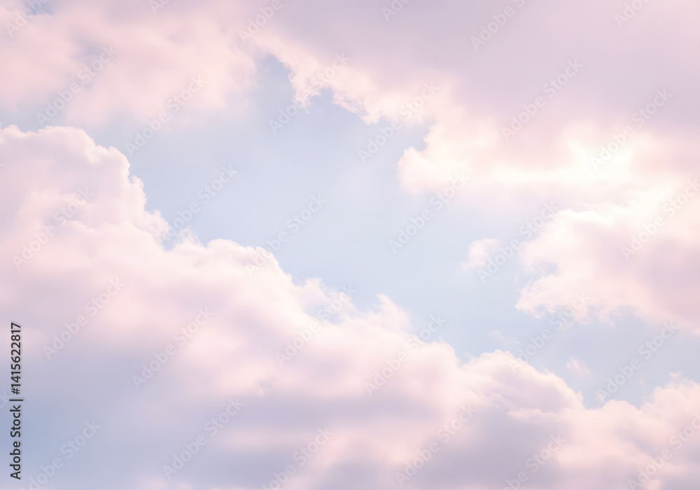 Obraz premium Soft Pink Clouds and Blue Sky Background, Peaceful, Calm, Gentle, Serene, Dreamy, Heaven, Cloudscape.