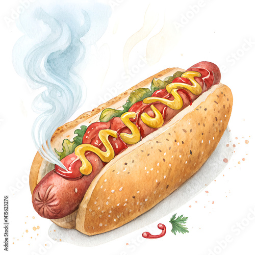 Watercolor Hot Dog with Mustard and Ketchup – Hand Painted Fast Food Illustration Isolated on White Background