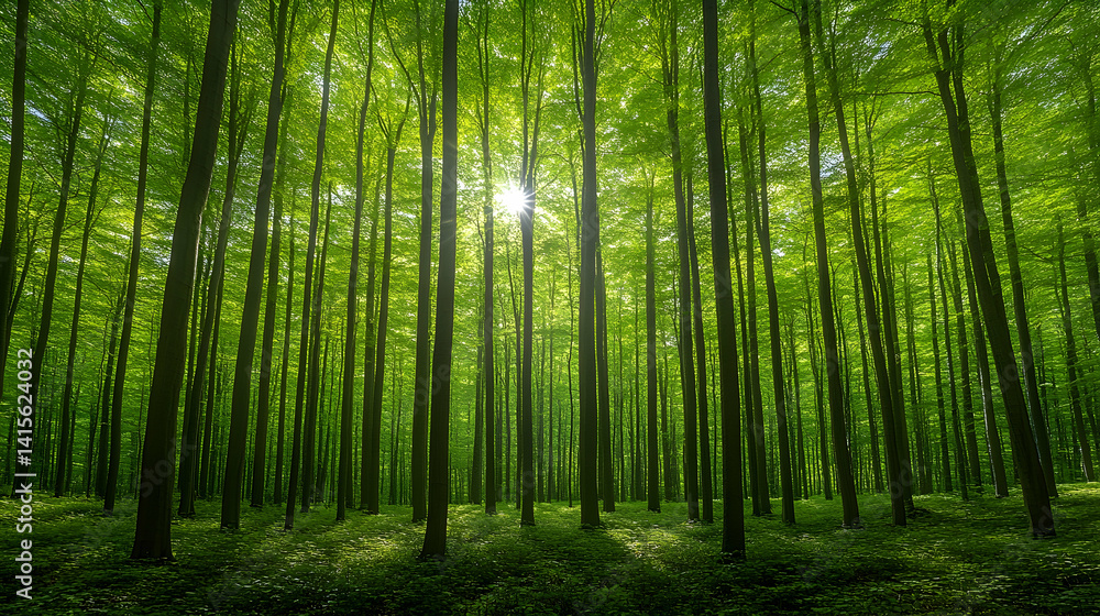 Obraz premium Dense forest with tall trees stretching upwards bathed in sunlight filtering through the green canopy creating a seren