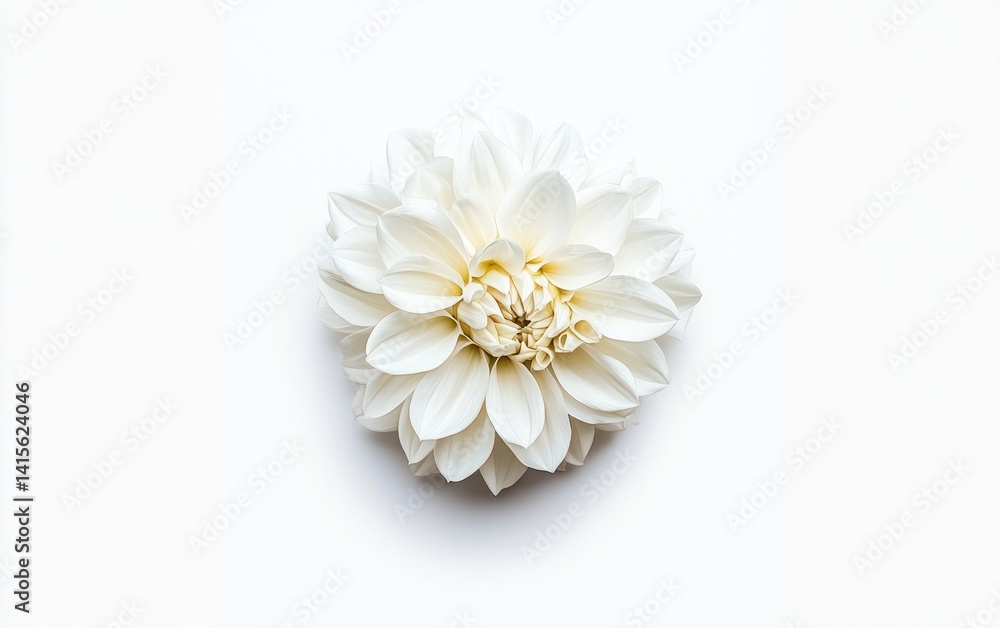 Obraz premium Single white dahlia flower levitates on a solid white background. Clean, minimalist aesthetic