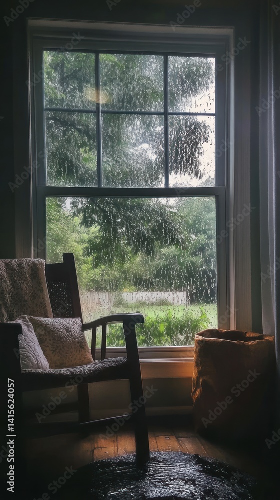 Obraz premium A rainy scene looking through a window inside a home