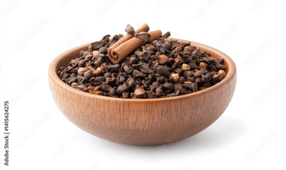 Aromatic spice blend in wooden bowl, kitchen setting, food photography, recipe ingredient Aromatic spice blend in wooden bowl, kitchen setting, food photography, recipe ingredient