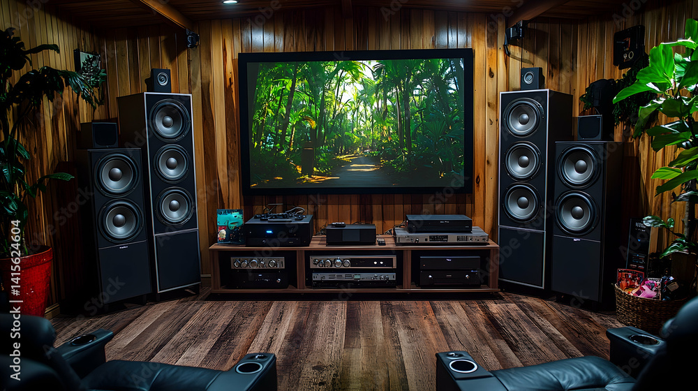 Home theater room with large screen and speakers Home theater room with large screen and speakers