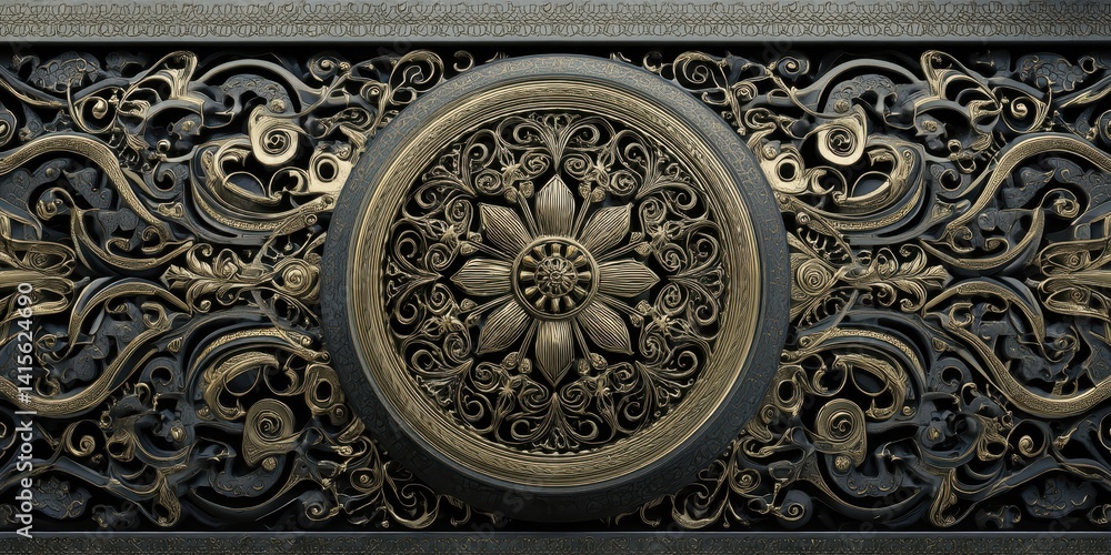 Elaborate floral carvings adorn this metallic surface with a striking contrast between the dark backdrop and golden embellishments. Elaborate floral carvings adorn this metallic surface with a striking contrast between the dark backdrop and golden embellishments.