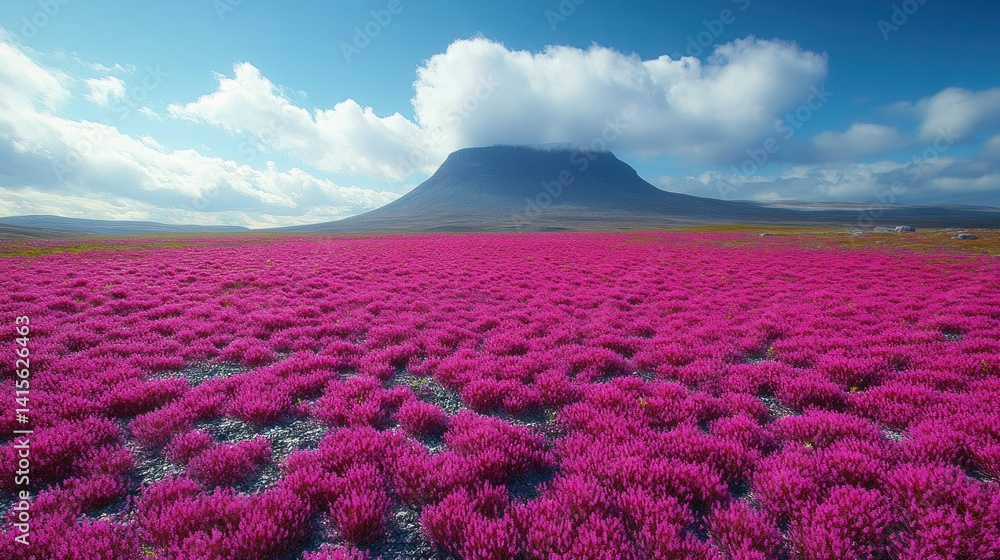 Naklejka premium Vast pink flower field, mountain backdrop