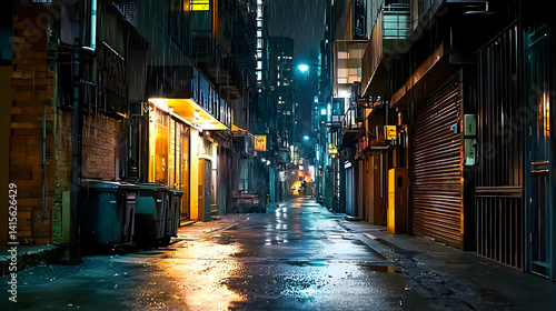 Pixelated Night Alley With Rain And Neon Lights