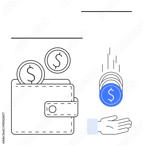 Wallet holding coins and hand catching falling coins, visualizing saving, income, expenses, earning, budgeting, financial transactions, and management. Ideal for fintech banking or simple landing