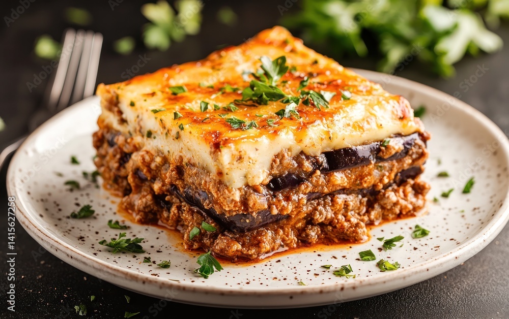 A golden-brown Moussaka, a Greek layered eggplant and meat casserole, is presented on a white plate. The casserole is garnished with fresh parsley, and a dark background provides contrast. The image A golden-brown Moussaka, a Greek layered eggplant and meat casserole, is presented on a white plate. The casserole is garnished with fresh parsley, and a dark background provides contrast. The image