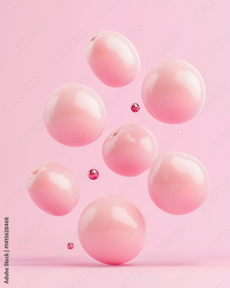 A vibrant 3D rendering of several glossy pink peaches. Perfect for illustrating fresh fruit concepts, digital art, and the sweetness of summer A vibrant 3D rendering of several glossy pink peaches. Perfect for illustrating fresh fruit concepts, digital art, and the sweetness of summer