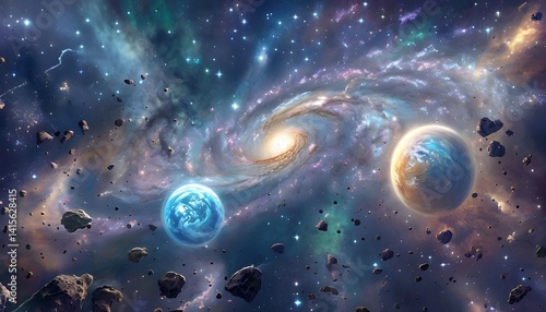 Vibrant Digital Artwork Of A Majestic Galaxy And Planets