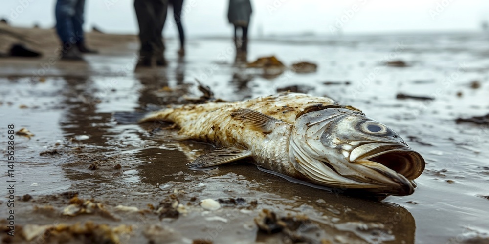 A detailed view of a fish washed ashore. This image captures the somber reality of marine life impacting the ocean. Perfect for environmental awareness projects. AI
