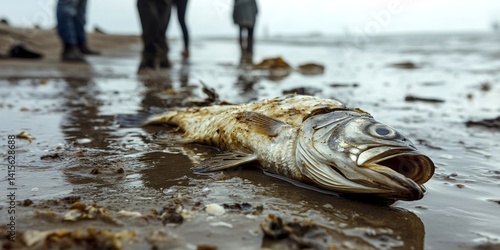 Obraz na płótnie A detailed view of a fish washed ashore. This image captures the somber reality of marine life impacting the ocean. Perfect for environmental awareness projects. AI w salonie